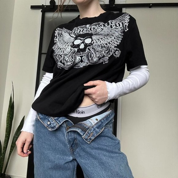 Cyber y2k Affliction Style Skull Wing Oversized T-Shirt - Picture 3 of 4